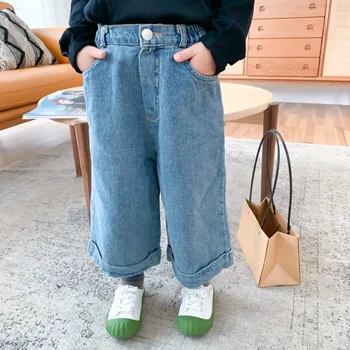 Осенние Новые Детские Свободные джинсовые брюки Для маленьких девочек, Универсальные широкие брюки, Модные Повседневные прямые джинсы для мальчиков, Детская одежда
