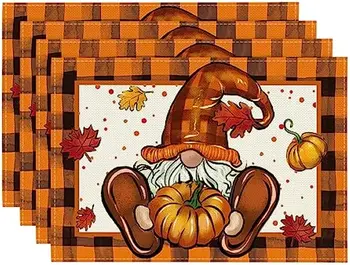 Осенние салфетки в клетку с оранжевым гномом, тыквой и буффало, набор из 4 сезонных осенних ковриков на День Благодарения 12x18 дюймов для дома на открытом воздухе