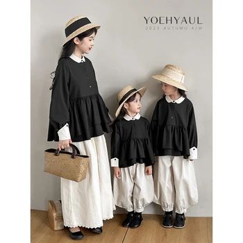 Осень 2023 Г. Новая Детская Черно-белая Контрастная Рубашка с Листьями Лотоса, Топ для девочек с длинным рукавом
