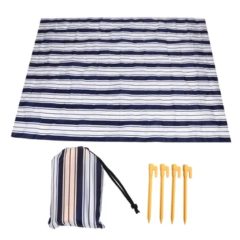Пляжное одеяло, коврик для пикника, полиэстер, водонепроницаемый, портативный, мягкий, 2 х 1,45 м, синяя полоса, с напольными гвоздями для кемпинга