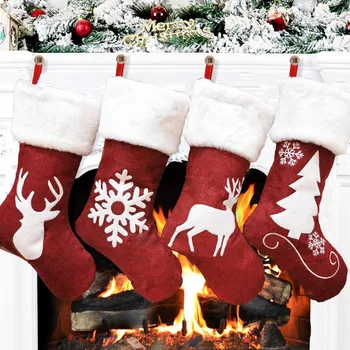 Рождественские носки, Красная льняная вышивка, Лось, Снежинка, Подарочный пакет для конфет, Камин, Рождественская елка, Подвесная подвеска, Рождественские носки