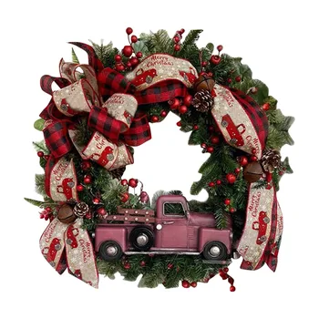 Рождественский венок из ротанга в деревенскую клетку, красный грузовик, Рождественский венок, висящий на входной двери, Праздничная вечеринка, гирлянды Navidad