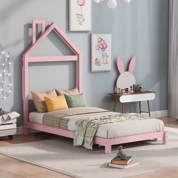 Розовая двухразмерная деревянная кровать-платформа с изголовьем в форме домика, легко монтируется для мебели для спальни в помещении