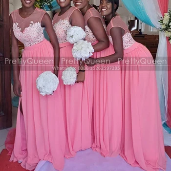 Розовые шифоновые платья подружек невесты трапециевидной формы с аппликациями, с разрезом по бокам, с прозрачным вырезом, женское длинное платье для свадебной вечеринки, платье подружки невесты