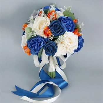 Свадебный искусственный сине-оранжевый букет цветов, Декоративные цветочные украшения Ручной работы для букета невесты, Свадебная вечеринка