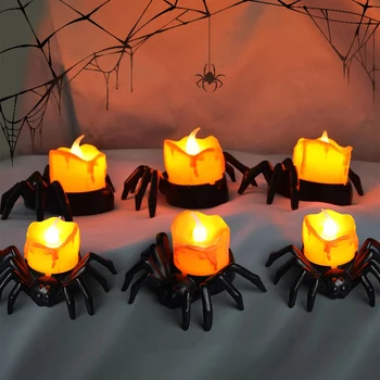 Светильник на Хэллоуин, Черная свеча-паук, Беспламенный аккумулятор, Светодиодная лампа, Маленькая Тыквенная лампа для жуткого декора на Хэллоуин