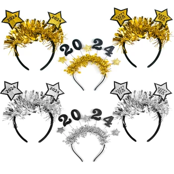Счастливого Нового Года 2024 Блеск золотой серебряной Звезды Повязка на голову с блестками Новогодняя вечеринка Реквизит для фотосъемки Рождество Новогодняя вечеринка