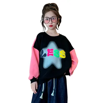 Толстовки для девочек, новая модная одежда с длинными рукавами, весенне-осенние милые топы, Корейский повседневный костюм для подростков от 5 до 14 лет