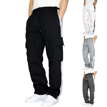 Уличная рабочая одежда с большим карманом, мужские осенние однотонные повседневные спортивные брюки в стиле пэчворк с 8-летним ремешком на носке, плиссированные мужские брюки
