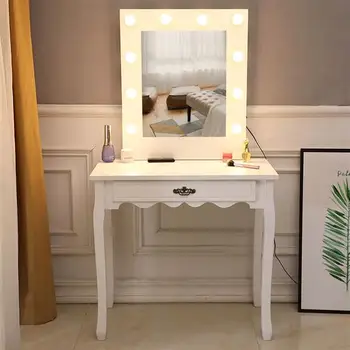 Щедрое зеркало с одинарной дымчатой изогнутой ножкой с лампочкой теплая лампа туалетный столик, шкаф для хранения ювелирных изделий и косметики, столик для макияжа